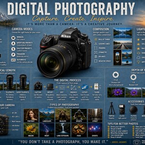 Op de afbeelding: Een educatieve poster getiteld Digital Photography met een Nikon D850 camera, belichtingsdriehoek, cameramodi, brandpuntsafstanden, compositietips, belichtingstechnieken, voorbeelden van scherptediepte en iconen van fotoapparatuur op een blauwe achtergrond.