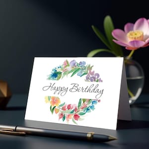 Cartão de aniversário para imprimir com flores – Design floral em aquarela