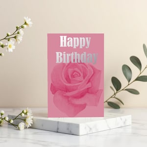 Afdrukbare roze roos gelukkige verjaardagskaart | Aquarel bloemengroet | DIY-envelop | Direct downloaden | Vrouwelijke verjaardagskaart voor haar