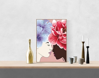 Flourish Together – Botanical Line Art Print, LGBTQ Couple Poster, Diversity Illustration, Feminine Watercolor Flowers, Digital Download