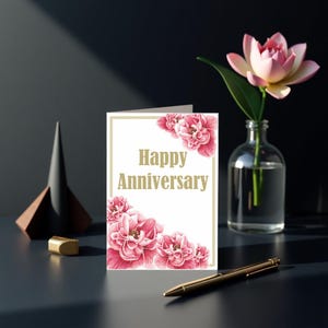 Carte d'anniversaire romantique - Fleurs rouges à l'aquarelle, voeux à imprimer pour couple, femme ou mari - Carte DIY élégante avec modèle d'enveloppe