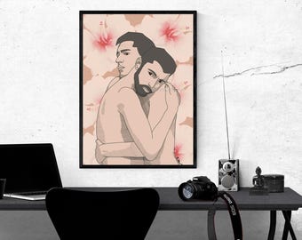 Romantic Gay Couple Wall Art – Floral Line Drawing & Digital Illustration – LGBTQ+ Embrace Print – Modern Pride Decor