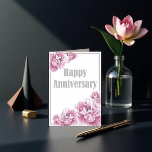 Happy Anniversary Card - Elegant Floral Watercolor Design, Romantic Greeting Card for Wife, Husband, Couple - Printable Card, DIY Envelope