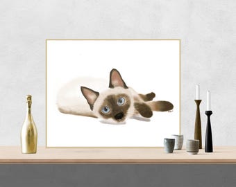 Siamese kat digitale download, afdrukbare kattenliefhebber kunst aan de muur, ontspannen kat illustratie, blauwe ogen huisdier minnaar cadeau, schattige kat illustratie,