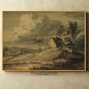 Antique Landscape Drawing, INSTANT DOWNLOAD, Antique Rural Drawing Wall Art, Neutral Colors Printable Wall Art, Vintage Landscape Drawing