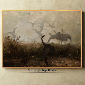 Vintage Crane Landscape Painting: Moody Dark Academia Wall Art (Instant Download)