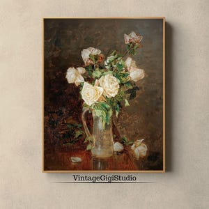 Vintage White Roses Painting, White Flowers Painting, INSTANT DOWNLOAD, 19th Century Floral Still Life Art, White Roses Wall Art