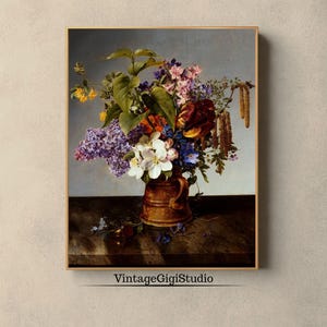 Vintage bloemenolieverfschilderij: 19e-eeuws boeket wilde bloemen (direct downloaden)