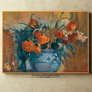 Dipinto vintage di natura morta floreale: vaso blu, fiori di campo (download immediato)