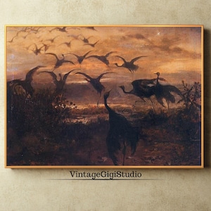Vintage Crane Landscape Painting: Dark Academia Wall Art (Instant Download)