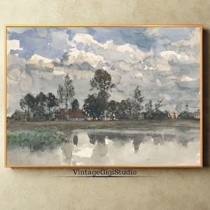 Vintage Watercolor Landscape Painting: Serene Nature Scene (Digital Download)