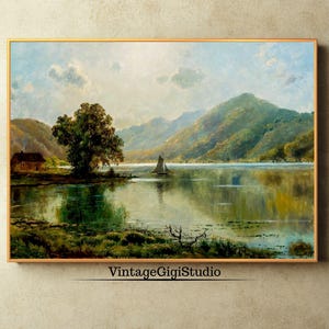 Vintage Landscape Painting, Serene Water Scenery Painting, Vintage Printable Painting, Instant Download 19th Century Landscape