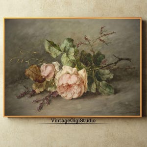 Pale Pink Roses Antique Painting, Instant Download Floral Print, Antique Floral Painting, 19th Century Floral Pink Roses Still Life Wall Art