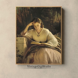Vintage Woman Reading Painting: Light Academia Portrait (Instant Download)