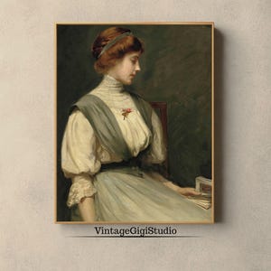 Vintage Painting of a Woman Reading a Book, INSTANT DOWNLOAD, Light Academia Wall Decor, Romantic Vintage Gown Woman Painting Wall Art
