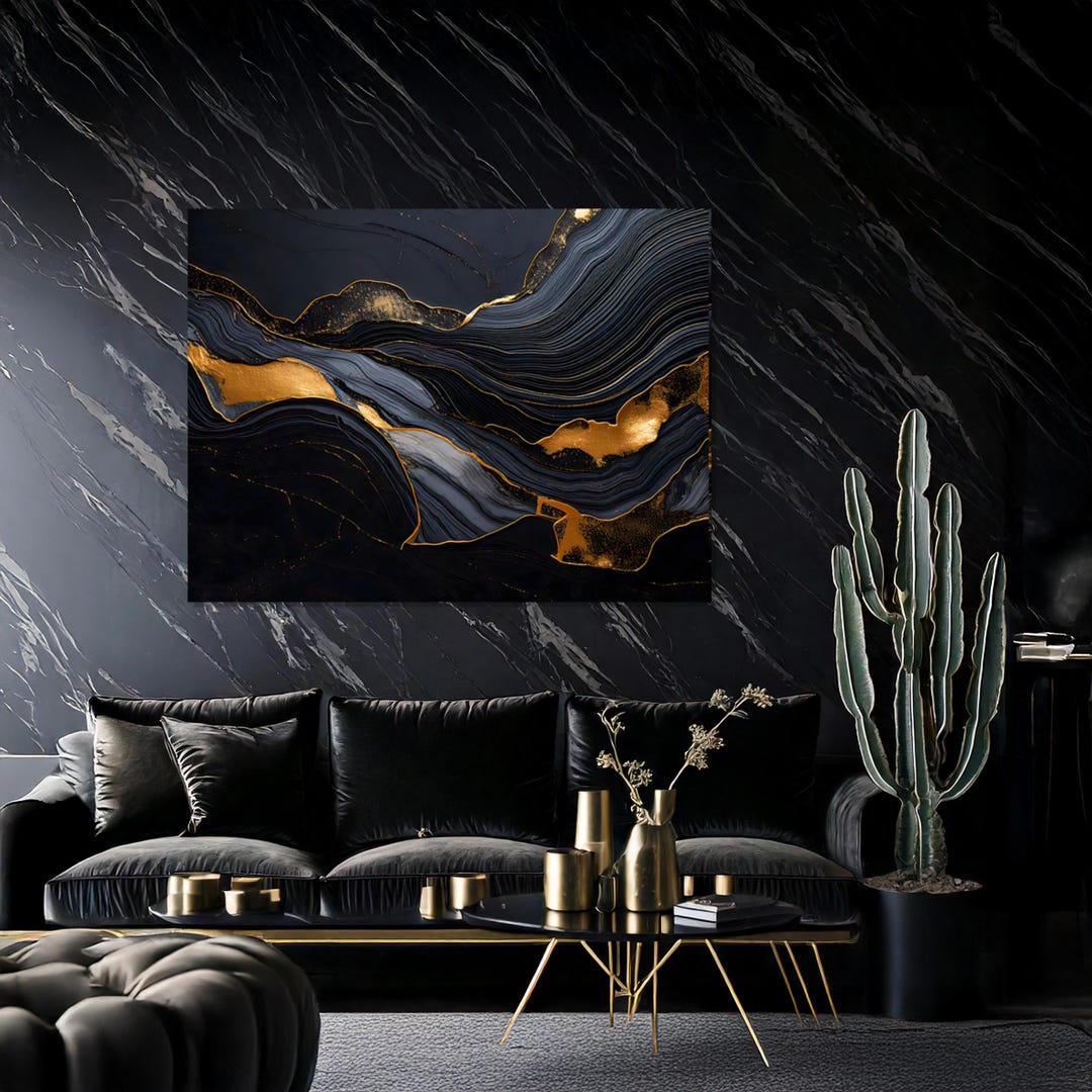 Elegant Black and Gold Abstract Canvas Art, Stretched Wall Decor ...