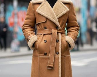 Women’s Brown Shearling Trench Coat | Genuine Sheepskin Leather | Belted Winter Aviator Jacket