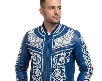 Men's Handmade Blue Leather Bomber Jacket – Eagle Embroidery, Designer Outerwear
