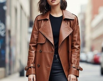 Women’s Brown Leather Trench Coat | Elegant Long Leather Jacket | Tailored Slim Fit Winter Outerwear