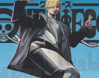 May include: A blonde-haired anime character wearing a black jacket, white pants, and black shoes. The character is posing with their arms raised and is standing in front of a blue background with the word "ONE PIECE" in black text.