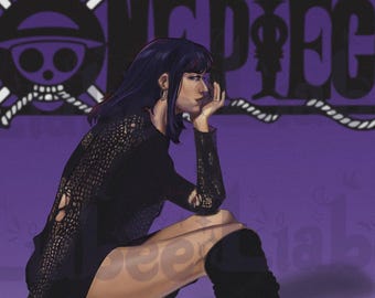 May include: A woman with dark purple hair is sitting with her legs crossed, wearing a black mesh top, black shorts, and black platform boots. The background is purple with the text "ONE PIECE" in black and white.