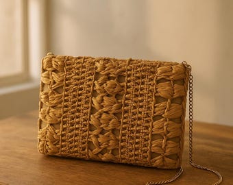 Woven Straw Clutch Purse, Elegant Evening Bag