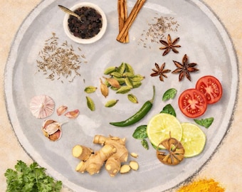 May include: A watercolor illustration of various spices and ingredients arranged on a gray plate. Includes whole peppercorns, cinnamon sticks, star anise, cardamom, ginger, chili peppers, and sliced tomatoes, onions, and limes. A culinary theme.