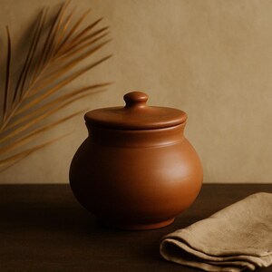 May include: A terracotta-colored ceramic jar with a lid, set on a dark wooden surface. The jar has a rounded body and a small knob on the lid. A folded tan linen napkin rests nearby. The background is a neutral, warm tone.