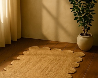 Handwoven Jute Scalloped Rug | Boho Natural Fiber Entryway Mat