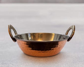 Handcrafted Hammered Copper Serving Bowl – Indian Kadhai with Brass Handles