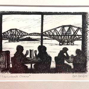 May include: Monochrome ink sketch of a bridge over water, seen through a window. Silhouetted figures are seated at tables in the foreground. The artwork is titled "Sketchbook Olocco" and signed "DN 2015/25".