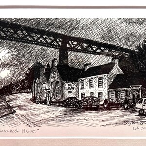 May include: Pen and ink drawing of "The Hawes Inn" pub under a bridge. The black and white artwork is titled "Sketchbook Hawes" and features cars parked outside the building.