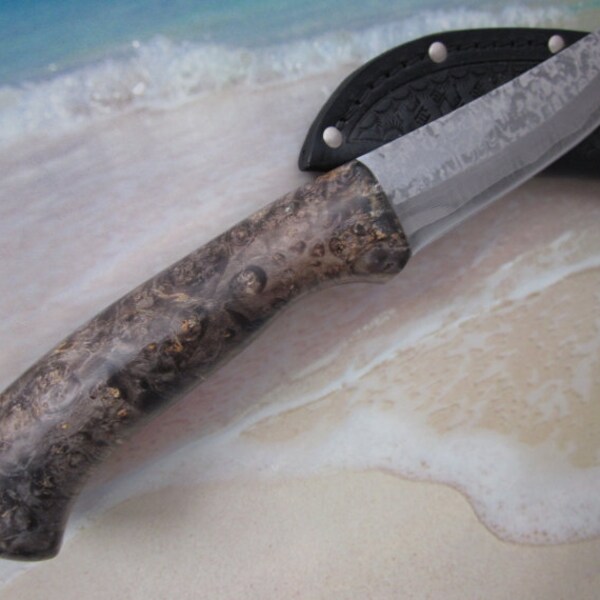 Black Ash Burl Damascus knife with leather sheath belt holster