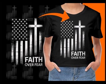 Digital Faith Over Fear Flag, Cross PNG, Christian American Flag, Patriot, Religious PNG, Sublimation Design, Bible Verse Digital Products