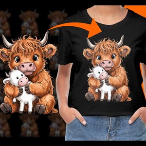 Digital Highland Cow With Toy, Cute Animal Illustration, PNG, Clipart, SVG, Vector Graphics, Commercial Use, Printable, Farm Animals