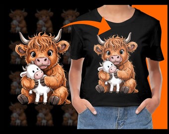 Digital Highland Cow With Toy, Cute Animal Illustration, PNG, Clipart, SVG, Vector Graphics, Commercial Use, Printable, Farm Animals