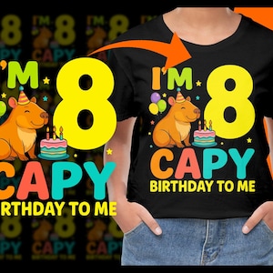 Capybara Birthday, I&#39;m 8 PNG, Eighth Birthday, Kids Birthday, Animal Birthday, Cute Capybara, Birthday Cake, Balloons, Digital Download