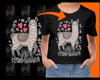 May include: Black t-shirt featuring a cartoon llama wearing a colourful patterned saddle. The llama is surrounded by hearts and the text "No Prob-Llama".