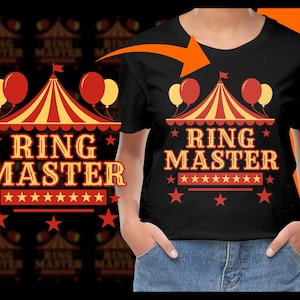 Peut inclure: T-shirt noir avec un motif sur le thème du cirque. Le design présente un chapiteau rouge et jaune, des ballons, des étoiles et les mots "RING MASTER" dans une police vintage. Un design amusant et festif.