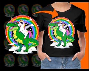 Unicorno che cavalca un dinosauro PNG, Clipart arcobaleno, T rex divertente, arte dinosauro, design per feste, animali carini, immagine cartone animato, per prodotti digitali
