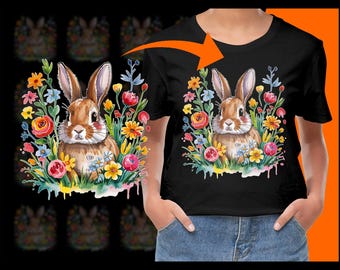 Digital Image, Rabbit with Flowers PNG, Bunny Art Print, Floral Illustration, Easter Decor, Spring Design, Cute Animal Clipart, Watercolor
