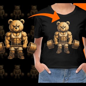 Peut inclure: T-shirt noir avec un ours de dessin animé musclé soulevant une barre. L'ours est brun clair et porte un débardeur blanc et un short. La barre a des poids dorés. Motif d'ours répété en arrière-plan.