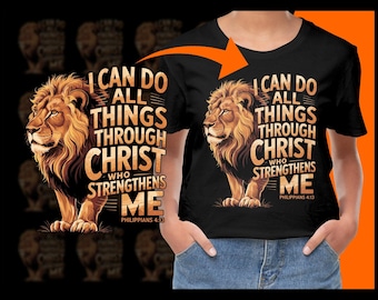 Digitaler Löwe PNG, Christliche Verskunst, Philipper 413, Ich kann alles tun, Glaube, Religiöses Geschenk, Bibelvers, Inspiration, Löwe von