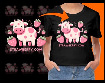 May include: A black t-shirt with a pink cartoon cow and strawberries. The text "Strawberry Cow" is printed on the shirt.
