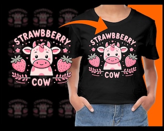 May include: Black t-shirt with a pink cartoon cow and strawberries. The text "Strawberry Cow" is printed on the shirt.