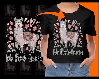 May include: Black t-shirt with a cartoon llama wearing a colorful patterned saddle and surrounded by pink hearts. The text "No Prob-llama" is printed on the shirt.