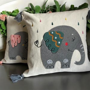Juego de 2 fundas de almohada con diseño de elefante y aguja de punzonado (43 cm) para decoración infantil, cojín para habitación de niño y niña, fundas de almohada bordadas a mano.