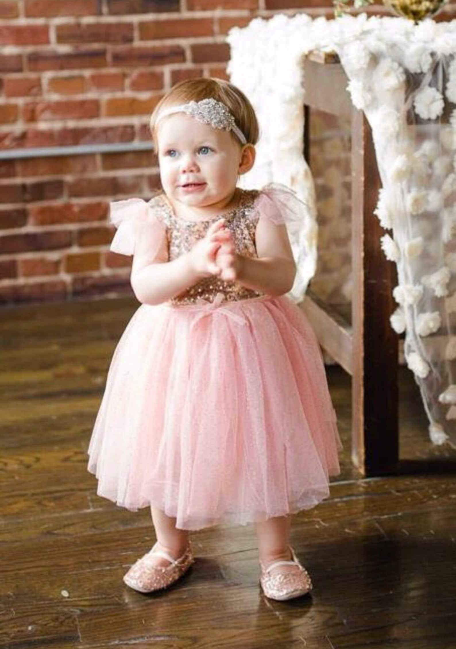 rose gold sequined ballet slippers - flower girl shoes - baby shoes - toddler girl shoes - christening - baptism- vintage chic -