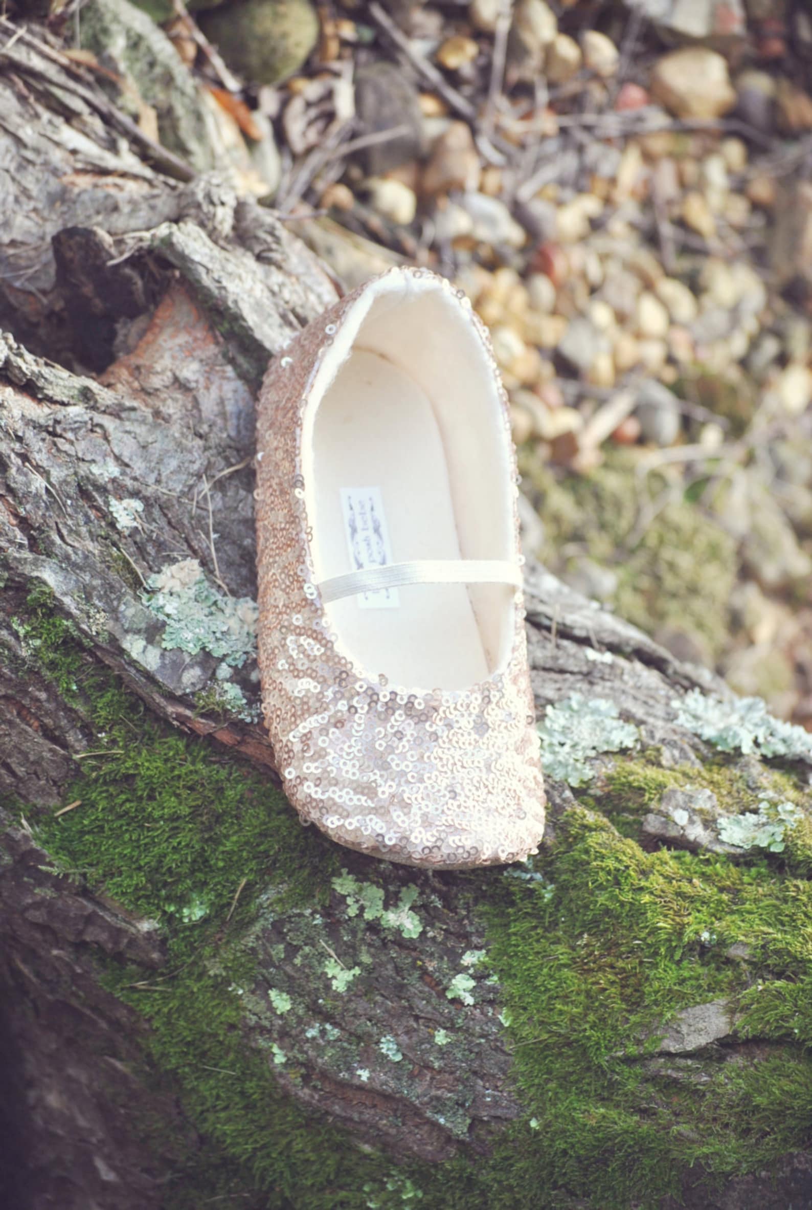 rose gold sequined ballet slippers - flower girl shoes - baby shoes - toddler girl shoes - christening - baptism- vintage chic -