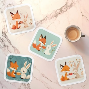 Pack d'autocollants renard et lapin, autocollants confortables thé animaux, autocollants amis tea party, jolies créatures des bois, ensemble d'autocollants animaux kawaii